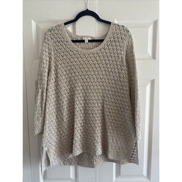 J. Jill Women's Medium‎ Tan Sweater Open Knit Fisherman Coastal Large Hole Knit - Picture 1 of 7